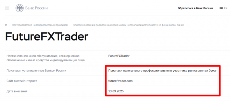 FutureFXTrader (futureftrader.com) лжеброкер! Отзыв Telltrue